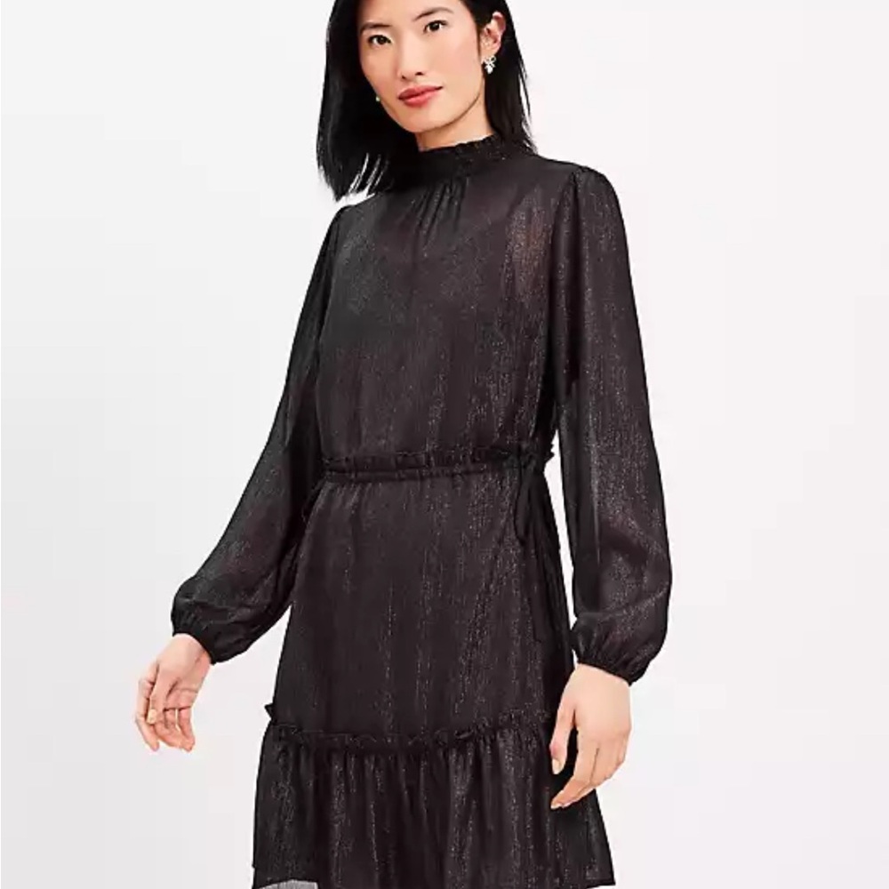 LOFT Black Ruffled Mini Dress with Bishop Sleeves